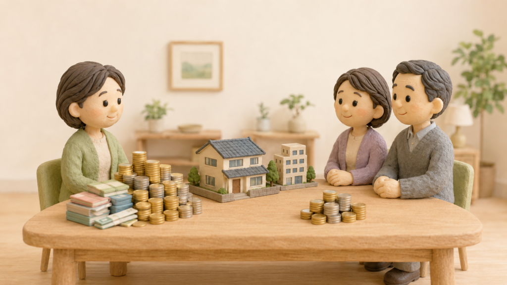 子どもがいない夫婦の相続で、妻と亡くなった夫の兄弟姉妹が相続財産を分ける様子を表したクレイアート風イラスト