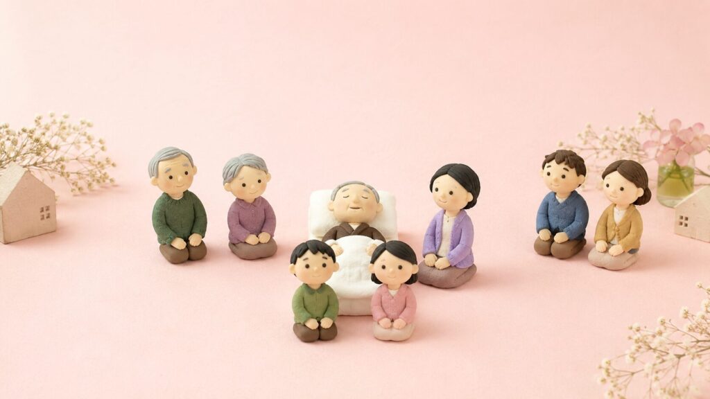 亡くなった人を中心に、配偶者、子ども、父母、兄弟姉妹を相続順位に応じて配置した粘土人形のイラスト