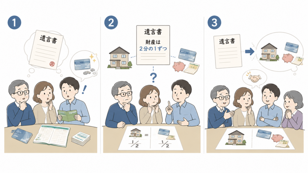 遺言書に記載のない財産がある場合、割合だけ指定されている場合、遺言と異なる分け方を相談する場合の3つのケースを示した図