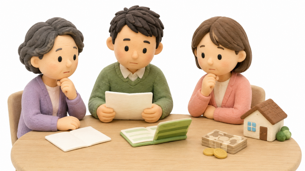 父親の相続について、母・長男・長女が遺言書や通帳を確認しているクレイ人形風イラスト。長男の近くには過去の住宅購入資金援助を表す家とお金が置かれている。