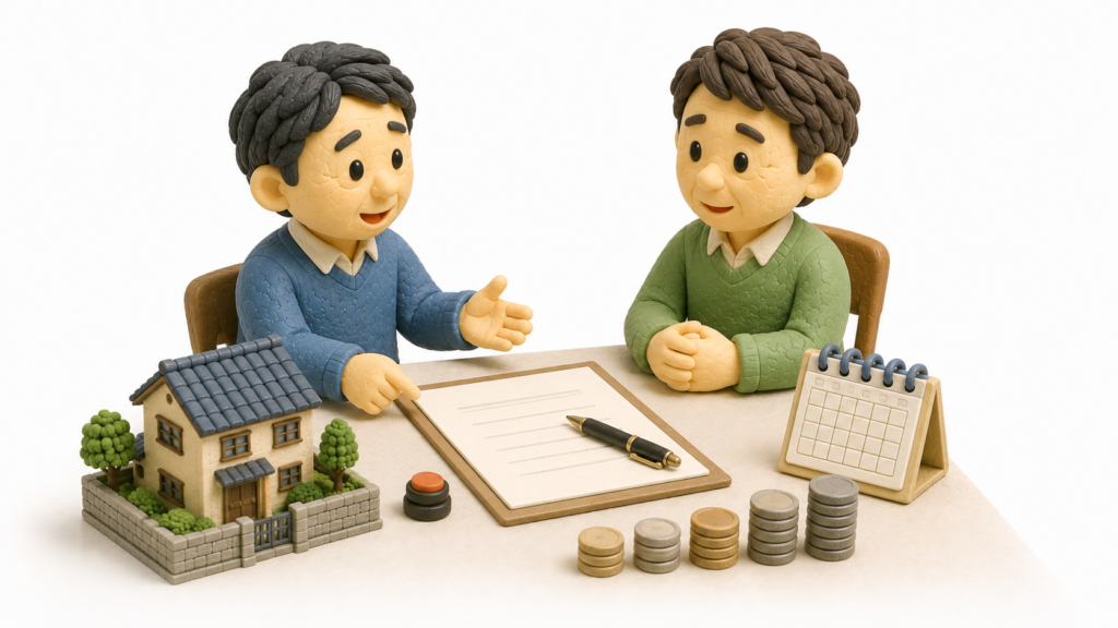 兄弟が代償金の金額や支払期限、分割払いの条件を話し合い、遺産分割協議書にまとめている相続のイラスト