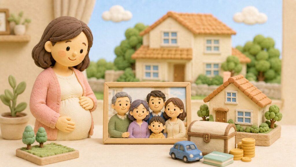 妊娠中の母親と家族写真、住宅や財産を表す模型を配置した胎児の相続権のクレイアート風イラスト