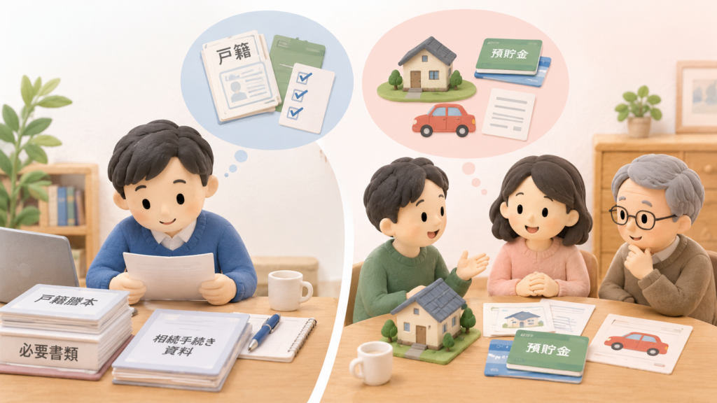戸籍や必要書類を一人で確認する準備手続きと、相続人が家や預貯金、車の分け方を話し合う手続きを対比した相続のイラスト