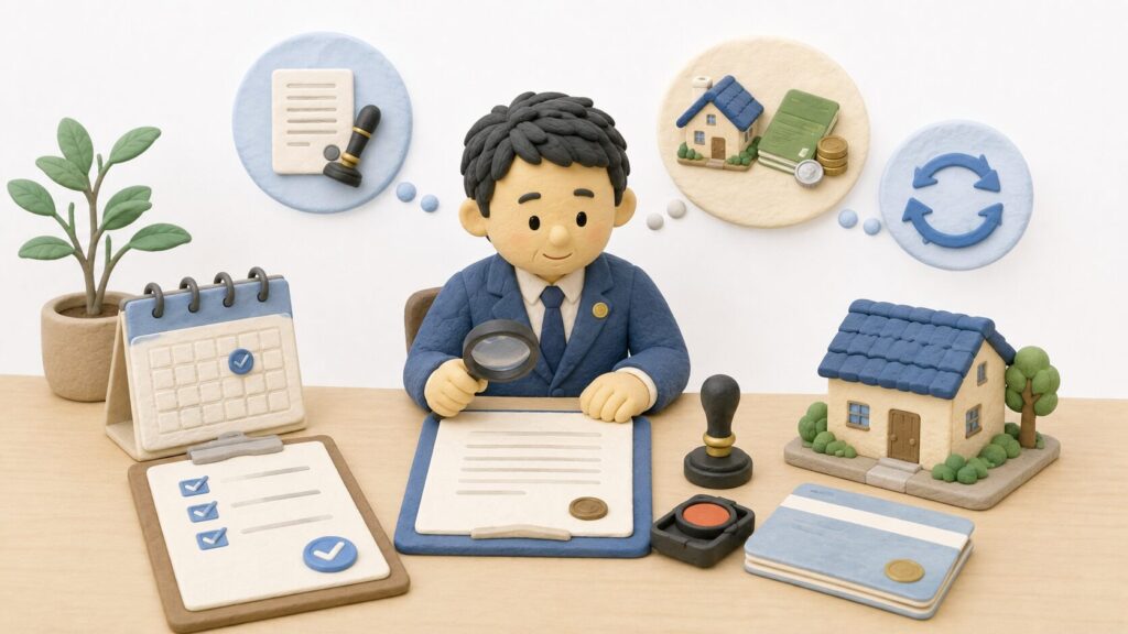 行政書士が遺言書の形式や財産内容、見直し時期を確認している粘土細工風イラスト