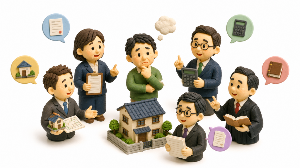 相続で悩む人の周囲に、行政書士、不動産の専門家、税理士、司法書士、弁護士をイメージした人物が並び、相談内容によって適した専門家が異なることを示したイラスト