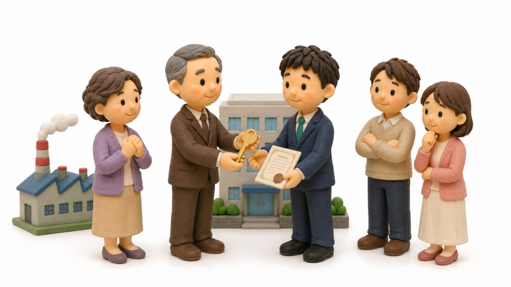 高齢の父親経営者が会社を継ぐ長男に会社の鍵と株式を象徴する書類を渡し、家族が見守る事業承継のクレイ人形風イラスト。