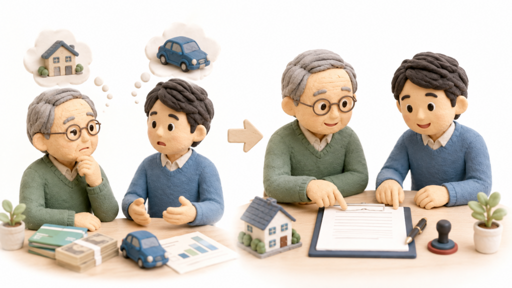 家族間の生前贈与を口約束から贈与契約書として書面に残す流れのイメージ