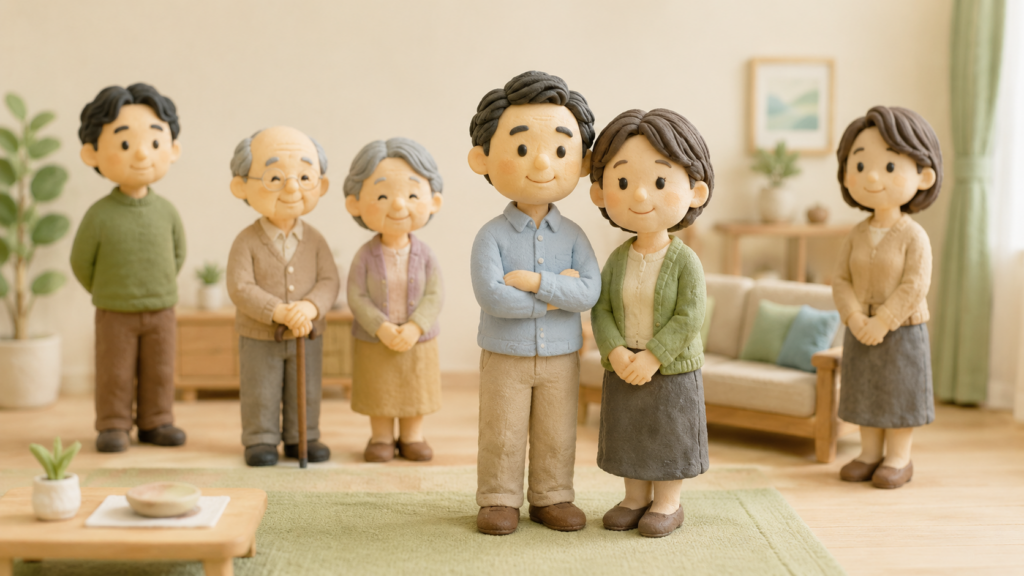 子どもがいない夫婦の相続で、配偶者と高齢の父母や兄弟姉妹が相続人になる可能性を表したクレイアート風イラスト