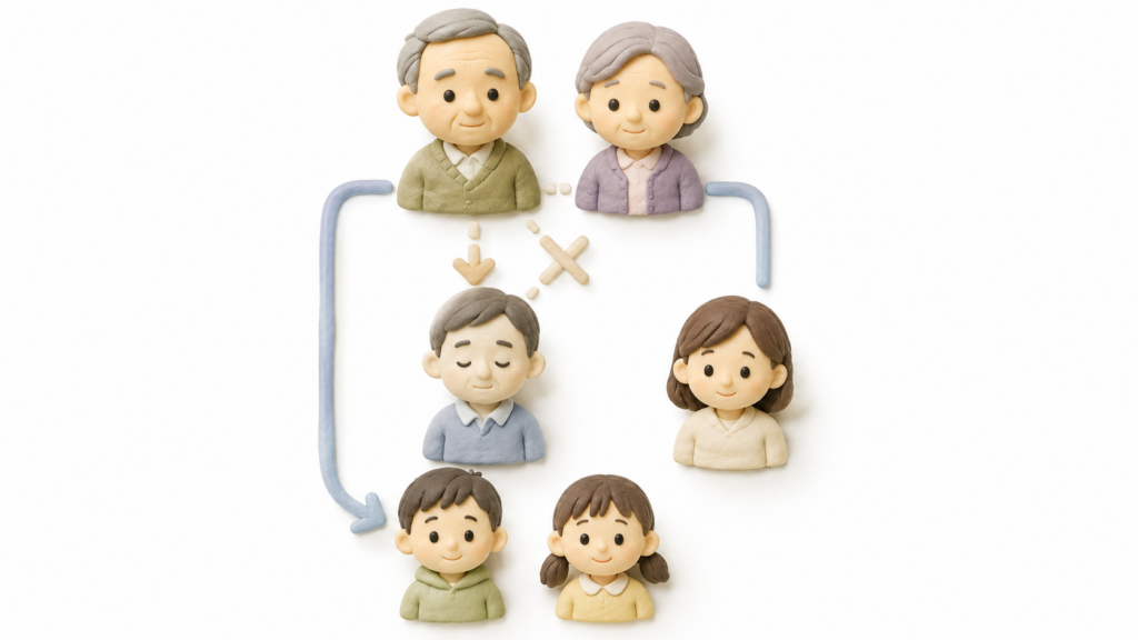 夫が義両親より先に亡くなった場合に子どもが代襲相続する仕組みを示した図