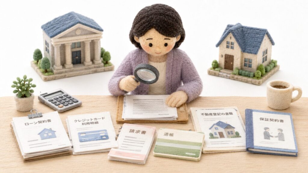 相続人がローン契約書や請求書、通帳、保証契約書を確認し、借金や未払金、保証債務を調査している様子