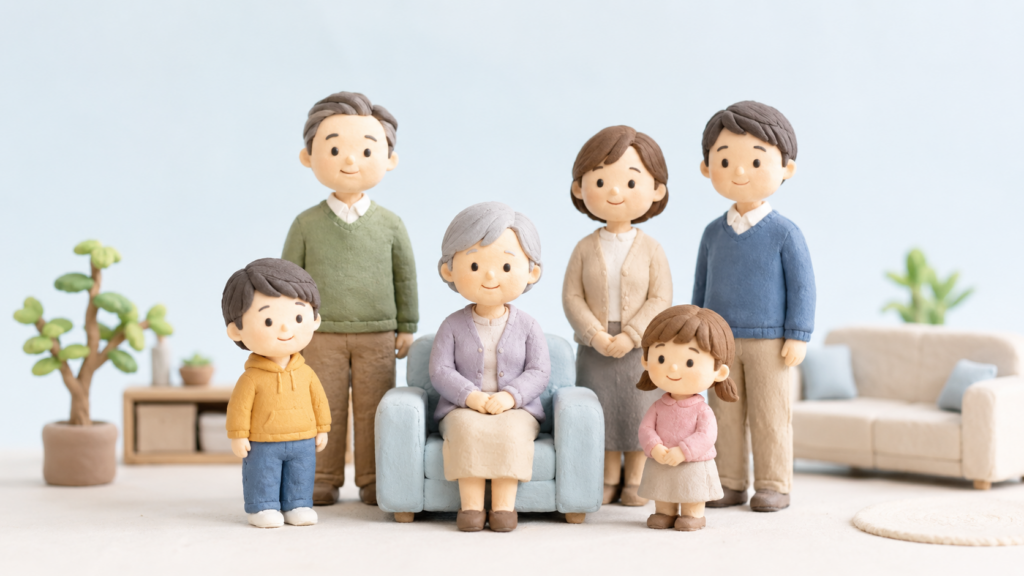 高齢のおばと兄弟姉妹、甥姪の世代関係を表した相続イメージの粘土細工