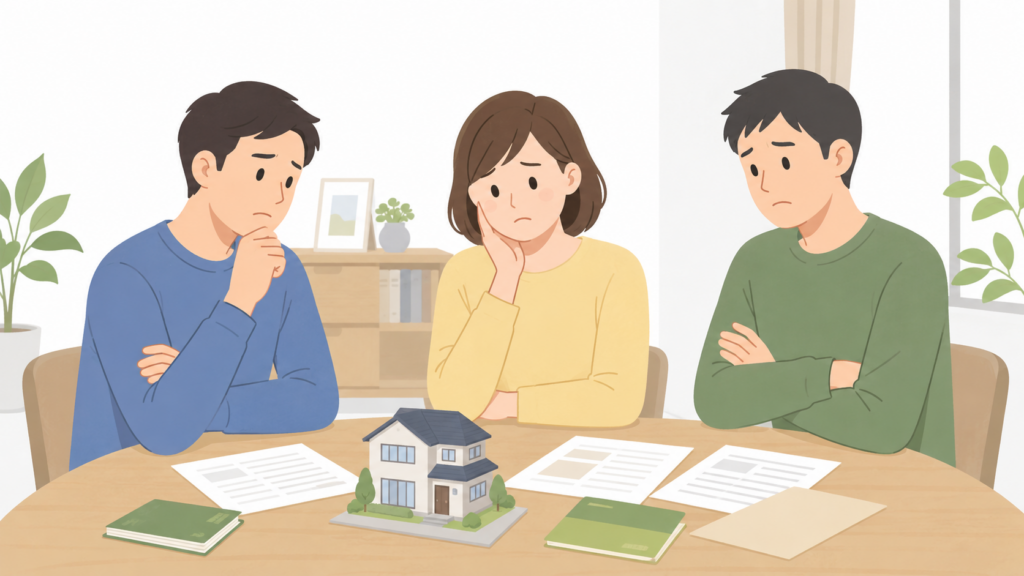 親の相続財産の分け方について話し合う兄・妹・弟のイラスト