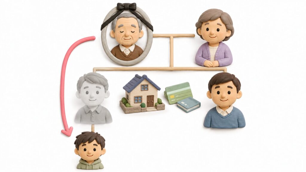 父より先に亡くなった長男に代わり、その子どもが祖父の相続人になる代襲相続を示した家系図風イラスト