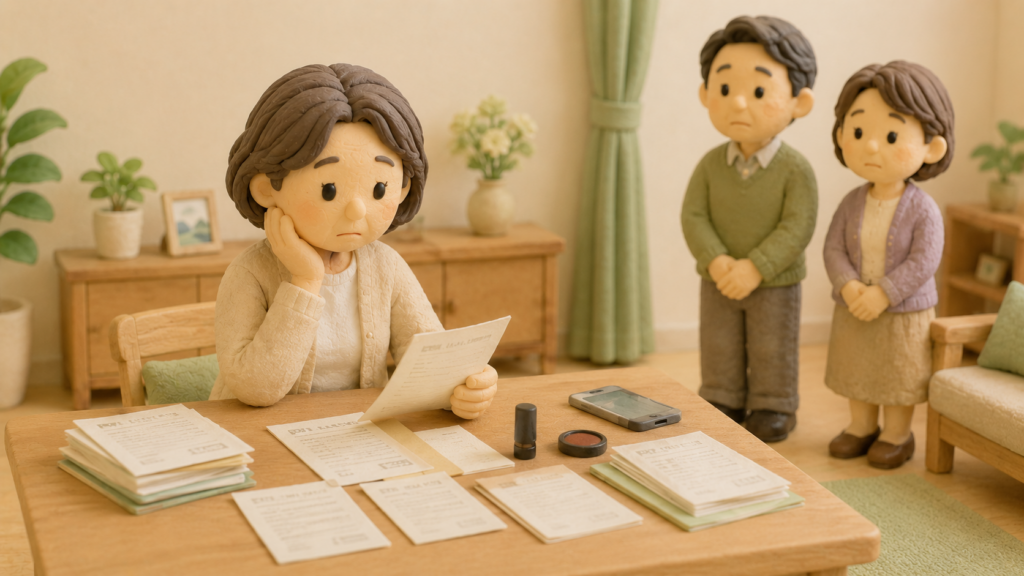 夫を亡くした妻が相続書類を確認し、疎遠な夫の兄弟姉妹への連絡に悩んでいる様子を表したクレイアート風イラスト
