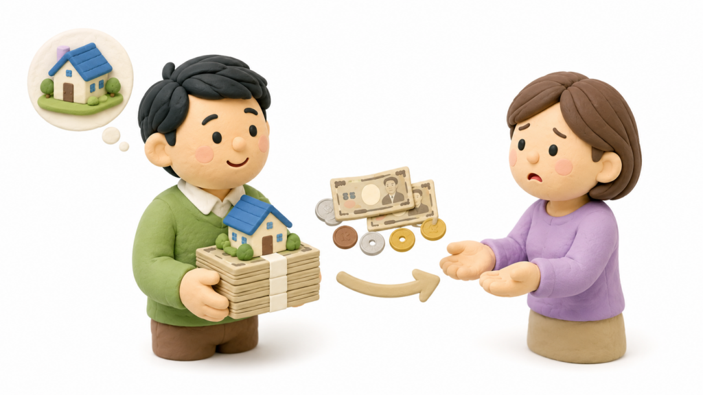 遺留分を侵害された相続人に対し、相続財産を多く受け取った人が金銭を支払う遺留分侵害額請求を表したイラスト