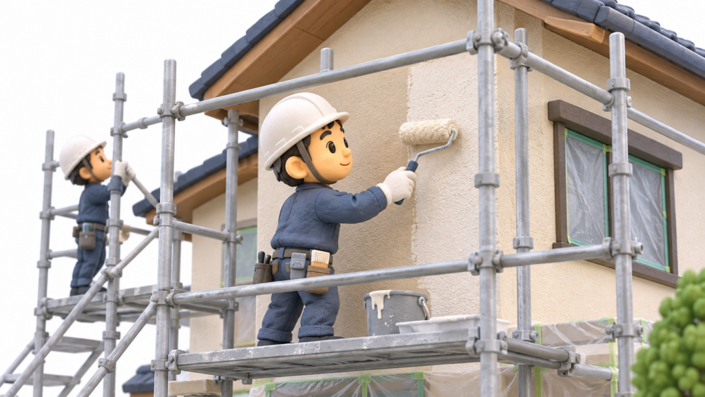 外壁塗装工事を行うために足場を設置して施工している建設現場