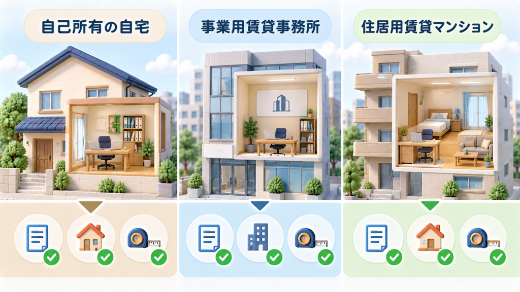 「建設業許可の記事で使用する、レンタルオフィス・シェアオフィス・バーチャルオフィスの違いを説明する横長比較イラスト。左から『専用個室型レンタルオフィス』『シェアオフィス』『住所利用中心のバーチャルオフィス』を並べる。専用個室型は壁と扉のある専用室に机・電話・会社名表示。シェアオフィスは複数の机や共用スペースがあり、専用席と共用部分が分かる構成。バーチャルオフィスは郵便受けや住所表示を中心にし、常時使用する専用事務スペースがないことが分かる構成。『名称ではなく実際の利用状況で判断する』ことが視覚的に伝わるようにする。行政書士事務所のWeb記事向け、清潔感のある3Dクレイ風。白・淡いベージュ・淡いブルーを基調。人物なし。16:9。細かい文章は入れない。」