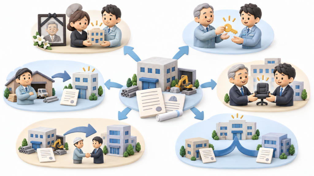 建設業の事業承継には、相続、法人成り、代表者交代、事業譲渡、合併など複数の方法があることを示した図解