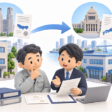 建設業許可の許可換え新規について、東京都大田区の本店営業所と神奈川県横浜市の新営業所の2拠点体制を背景に、建設会社経営者と行政書士が書類を確認している図