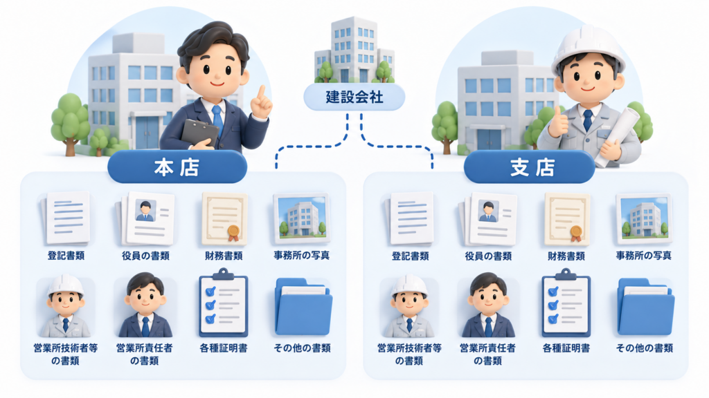 建設業許可申請で本店と支店それぞれの必要書類や営業所情報を整理する図解
