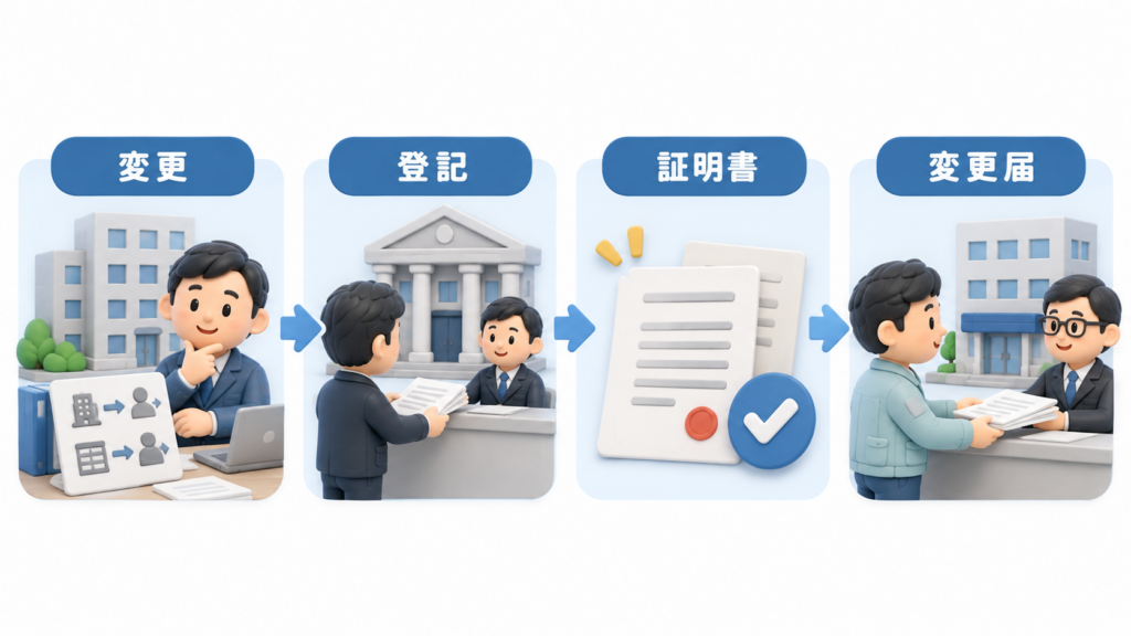 法人の商号や本店所在地、役員などを変更した場合に、変更登記、証明書取得を経て建設業許可の変更届を行う流れを示した図解