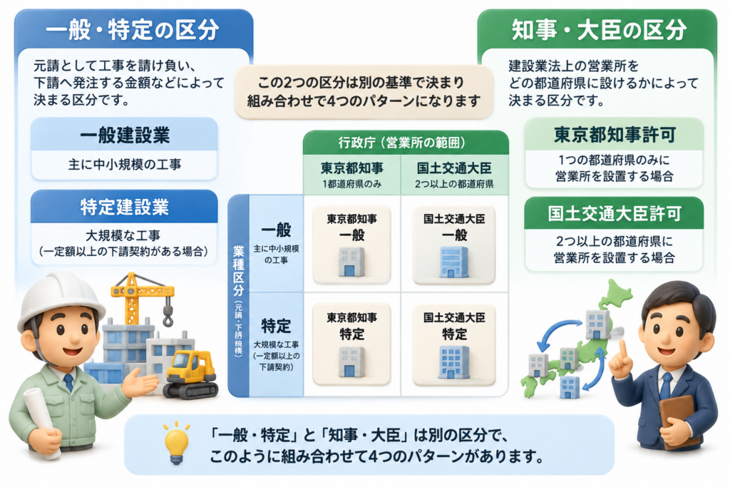 一般建設業・特定建設業と東京都知事許可・国土交通大臣許可が別の区分で、4通りに組み合わさることを示した図