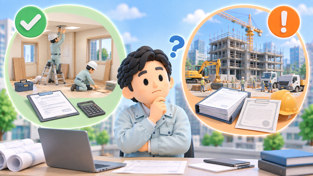 建設業許可の申請中に軽微な建設工事と許可が必要な規模の工事を比較する建設会社経営者
