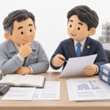 建設会社の経営者と行政書士が、決算書を確認しながら建設業財務諸表を作成している様子