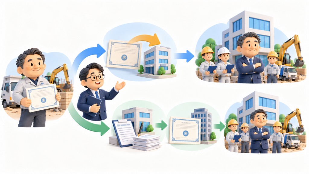 個人事業主が株式会社へ法人成りする際の建設業許可について、承継認可で引き継ぐ方法と法人で新規許可を取得する方法の2つを示した図