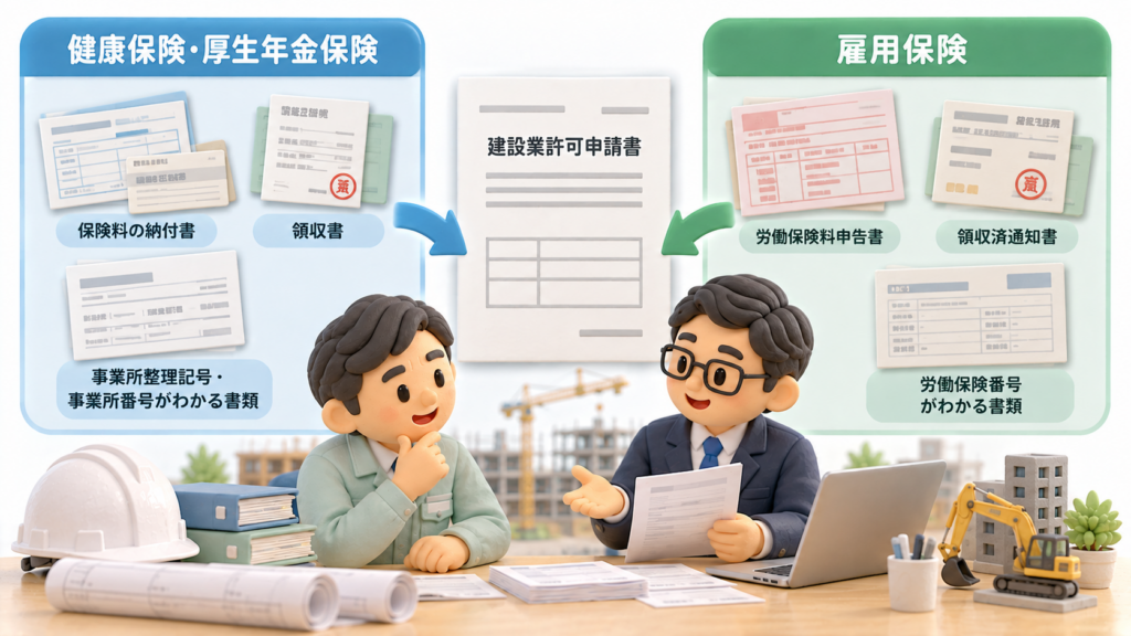 建設業許可申請で健康保険・厚生年金保険・雇用保険の加入状況を確認する資料を示した図解
