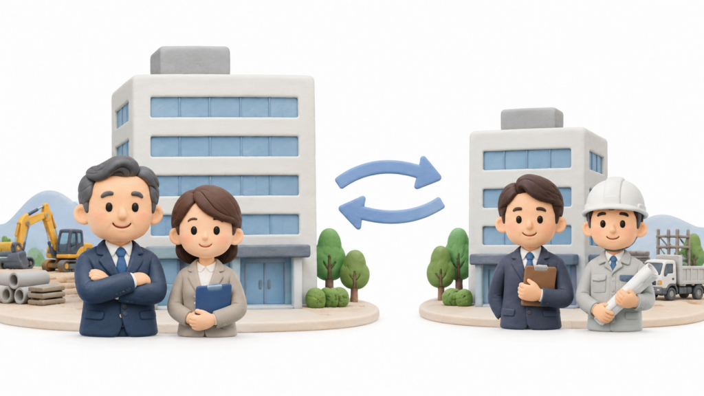 建設会社の主たる営業所と従たる営業所の関係を、中心となる営業所と別の営業拠点として示した図解