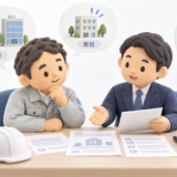 建設会社の経営者と行政書士が、建設業許可の営業所変更について相談し、新設・移転・廃止を確認している様子