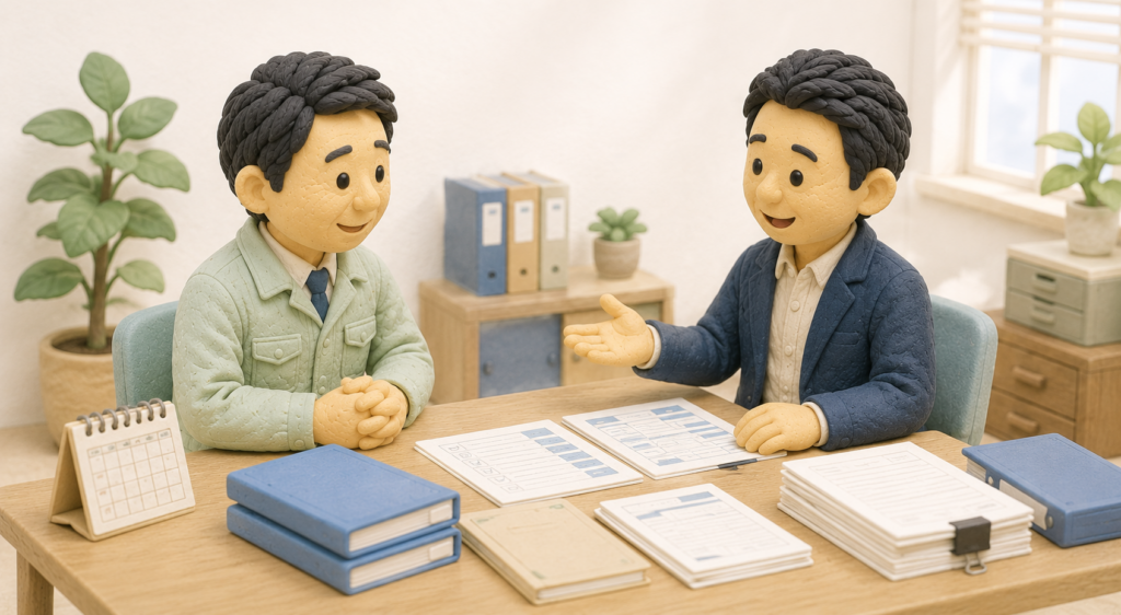 建設業許可の更新申請について相談を終え、安心して行政書士の説明を聞く建設会社代表者
