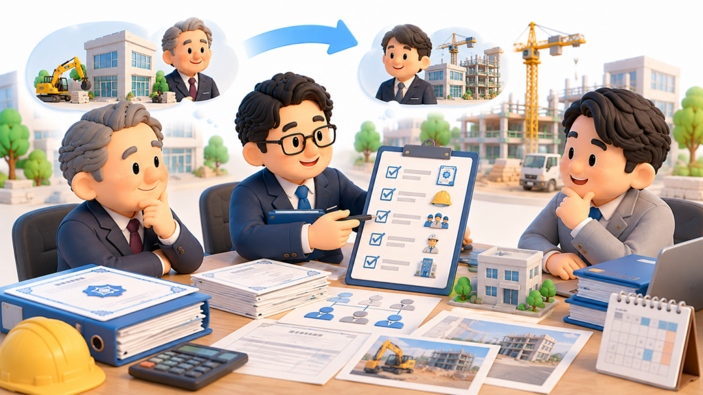 建設会社の売却・事業譲渡前に、売主と買主が行政書士と建設業許可や許可業種、人員、営業所などを確認している様子