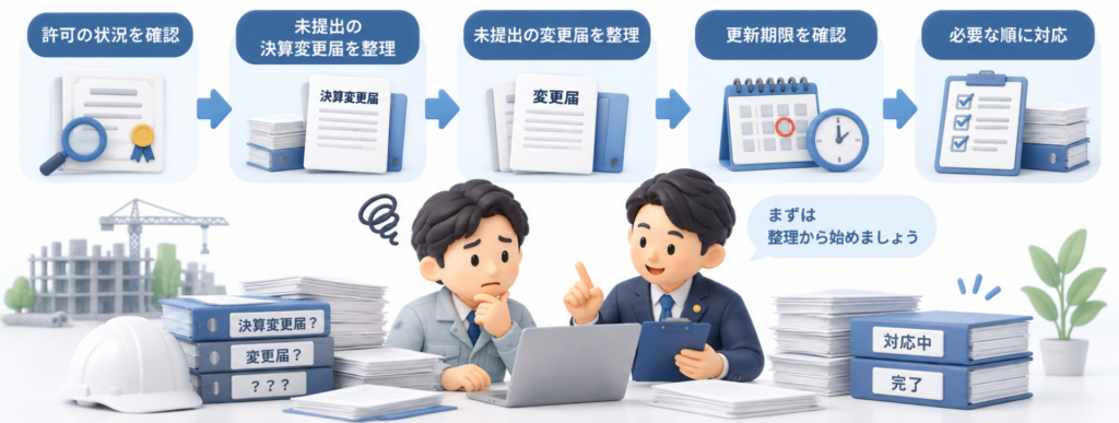 未提出の決算変更届や変更届がある場合に、許可状況の確認から更新期限確認、必要な順の対応までを示した図