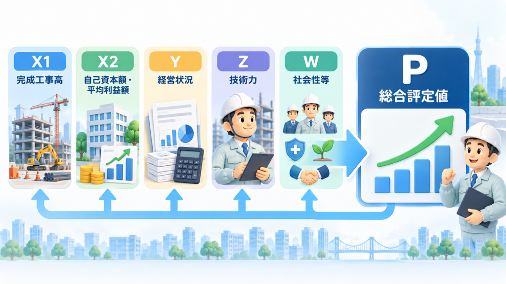 経営事項審査のX1・X2・Y・Z・Wの5つの評価項目からP点(総合評定値)が算出される仕組み