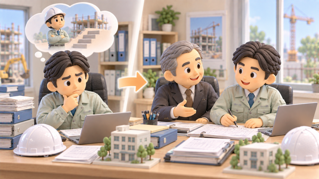 経営経験が不足する建設会社で、経験豊富な元役員を迎えて経営体制を整える様子