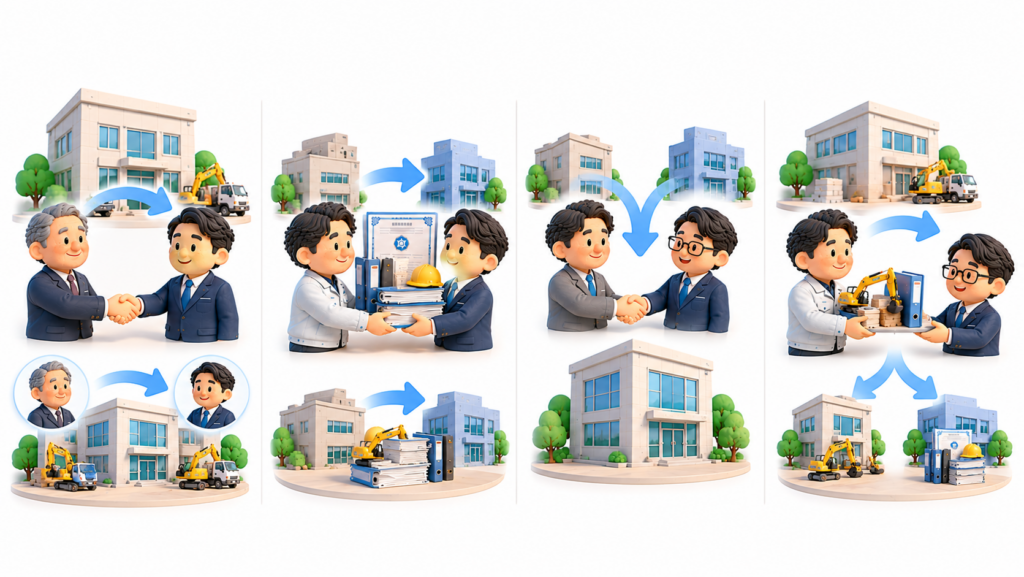 建設会社のM&A・事業承継について、株式譲渡、事業譲渡、合併、会社分割の4つの方法を比較した図