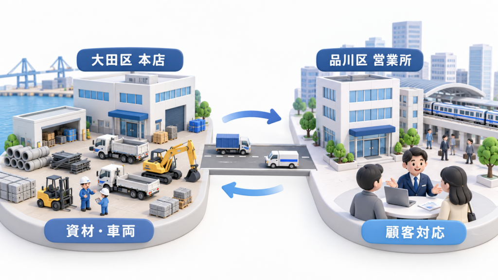 大田区の本店拠点と品川区の営業所が、資材・車両管理と顧客対応を分担して連携する建設会社のモデル図