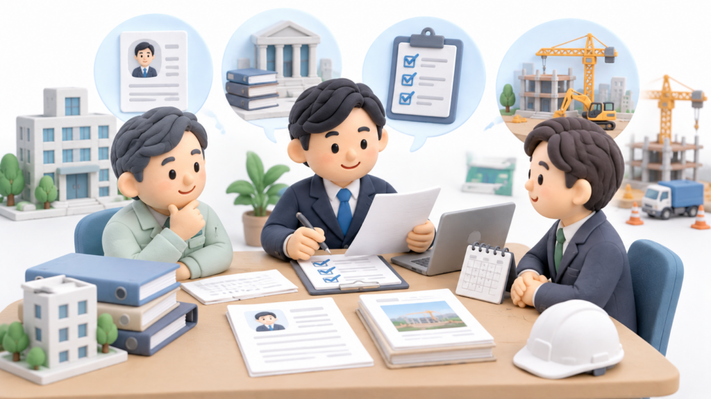 建設業許可の常勤役員等を変更する前に、後任候補者の経営経験や資料を確認して要件適合を確認している様子