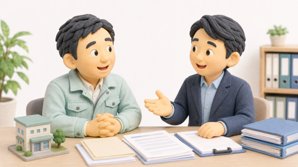 建設業許可の各種変更届について相談を終え、安心した表情で話す建設会社経営者と行政書士