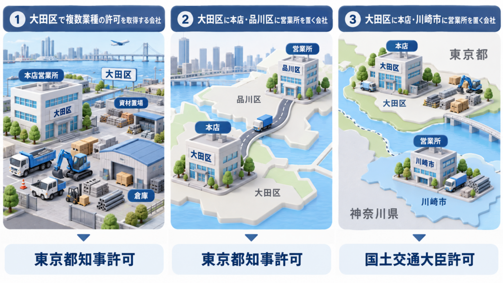大田区・品川区・川崎市の拠点配置による建設業許可の3パターンを示し、東京都知事許可と国土交通大臣許可の違いを比較した図解