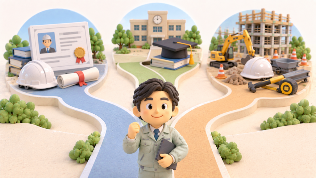 建設業許可の営業所技術者等になるための資格・学歴・実務経験の3つのルートを示すイラスト