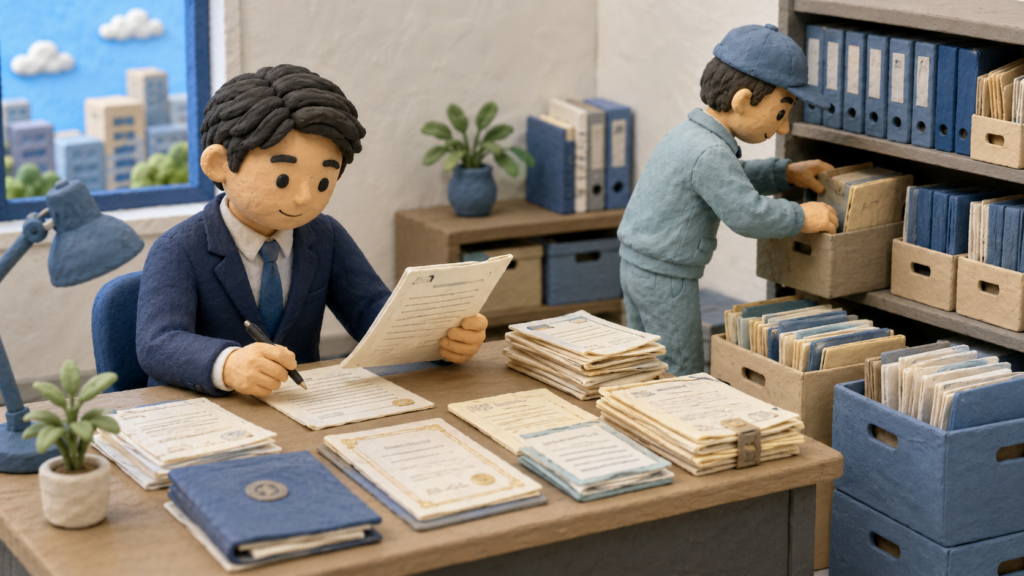建設業許可の経験を証明する過去の契約書や請求書を確認する行政書士と建設会社経営者
