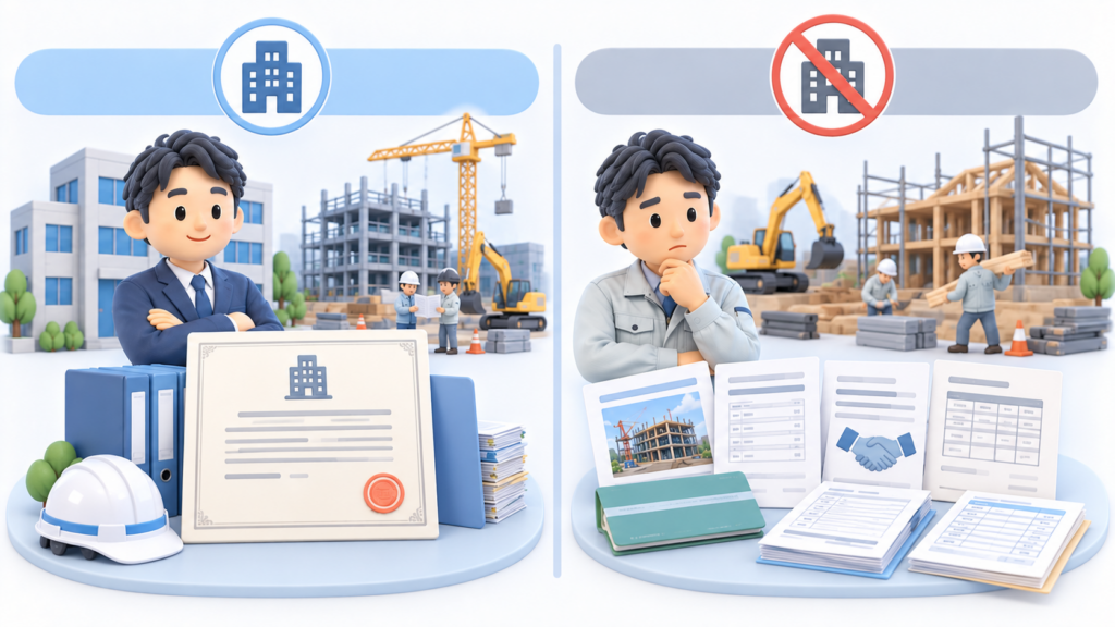 建設業を営んでいた事実の証明資料を建設業許可の有無で比較した図