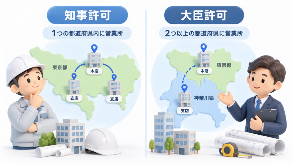 知事許可と大臣許可の違いを、1都道府県内の営業所と複数都道府県の営業所で比較した図解
