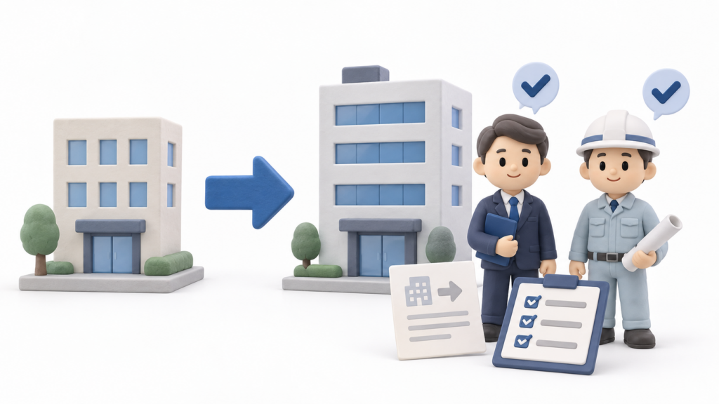 建設業許可で営業所を変更した際に、変更後の営業所だけでなく、配置する責任者や技術者も確認することを示した図解