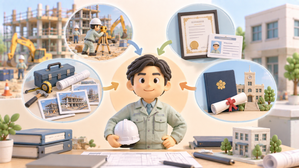 建設業許可の営業所技術者等の要件を、実務経験・資格・学歴から確認する技術者