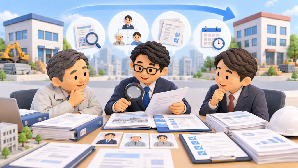 建設会社のM&A前に、行政書士が建設業許可の内容や届出状況、M&A後の許可体制を確認している様子