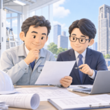 大田区の電気工事会社の経営者が行政書士と入札資料を確認し、東京都の公共工事へ元請として挑戦する様子を示した図